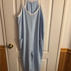 Sincerely Jules Light Blue Knit Jumpsuit with White Neckline